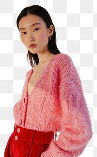 PNG  Pink knit cardigan standing sweater fashion.