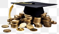 PNG  Graduation cap on a stack of coins graduation money gold. AI generated Image by rawpixel.