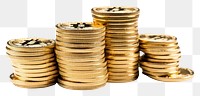 PNG Stack of golden bitcoins money white background investment. 