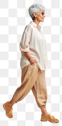 PNG Cream shirt and pant mockup portrait walking person.