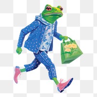 PNG  A cartoon Frog holding a floral tote bag frog amphibian representation. AI generated Image by rawpixel.