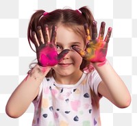 PNG  Girl with a hand covered in paint portrait child smile. AI generated Image by rawpixel.