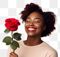 PNG Black woman holding bouquet red rose portrait laughing smiling.
