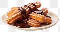 PNG Churros dipped in chocolate sauce plate food white background.