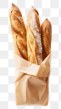 PNG A fresh baguette in a paper bag bread food white background.