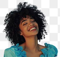 PNG  South african woman with a wig and curly hair wearing blue dress laughing smile adult.