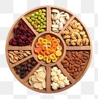 PNG Partition wooden plate with cut fruits and nuts food white background ingredient.
