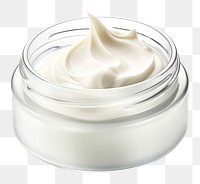 PNG Skincare cream jar over smudges of cream dessert food white background.