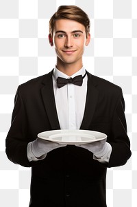 PNG  Male food server plate holding tuxedo. AI generated Image by rawpixel.