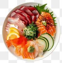 PNG  Sashimi Rice Bowl seafood plate meat. AI generated Image by rawpixel.