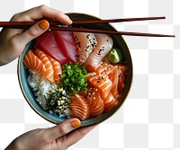 PNG  Sashimi Rice Bowl chopsticks holding food. AI generated Image by rawpixel.