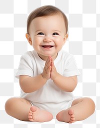 PNG Cute happy white baby sitting and clapping hands portrait white background cross-legged.