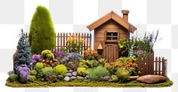 PNG Small wooden yard with flowers and shrubs on the grass architecture outdoors backyard.