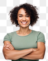 PNG Smiling american woman cross arms pose smile adult white background.