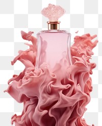 PNG  A perfume bottle infront of the pink smoke cosmetics petal magenta. AI generated Image by rawpixel.