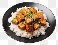 PNG  A rice and fried tofu with sesame seeds on the black plate food meat vegetable.