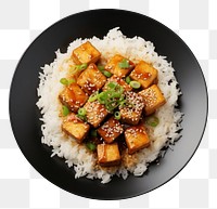 PNG  A rice and fried tofu with sesame seeds on the black plate food meat vegetable.