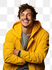 PNG Man in yellow jacket laughing portrait smiling. AI generated Image by rawpixel.