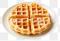 PNG Waffle on a white plate food white background breakfast.