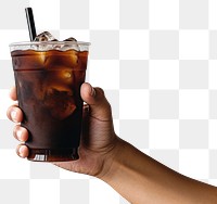 PNG Hand holding a cup of iced black coffee drink glass refreshment