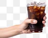PNG Hand holding a cup of iced black coffee drink glass soda.