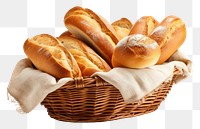 PNG Basket of Fresh homemade bread food bun white background. AI generated Image by rawpixel.