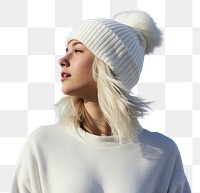 PNG A woman blonde hair wearing white short matching flannel beanie adult blue sky.