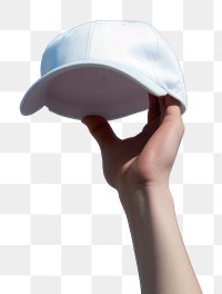 PNG Hands holding a white baseball cap hand blue sky.