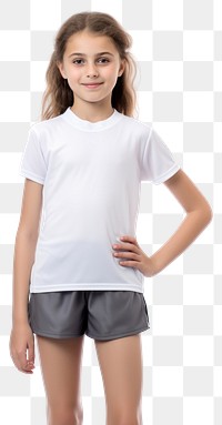 PNG A kid girl wearing blank white school kids sport uniform mockup portrait t-shirt shorts.