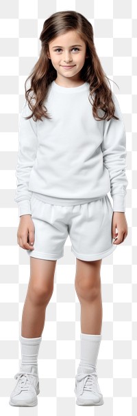 PNG A kid girl wearing blank white school kids sport uniform mockup sweatshirt portrait sleeve.