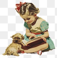 PNG Vintage illustration of little girl reading book dog.