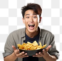 PNG A man holding plate of chips and biting snack eating food white background. AI generated Image by rawpixel.