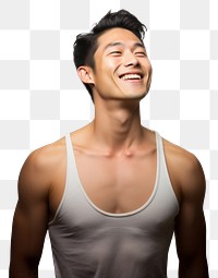PNG A man looking up with smile laughing white background bodybuilding. AI generated Image by rawpixel.