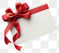 PNG Gift card with red bow and ribbon wrapping on left corner of card white background celebration anniversary.
