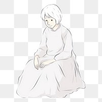 PNG Hand-drawn illustration old woman sitting at floor drawing sketch white.