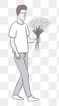 PNG Hand-drawn illustration man holding flowers while walking drawing sketch plant.