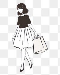 PNG Hand-drawn illustration woman holding shopping bag handbag white line.