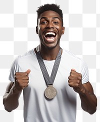 PNG  Happy runner wearing medal achievement accessories copy space. AI generated Image by rawpixel.