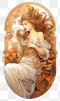PNG  An art nouveau drawing of a women coffee painting adult refreshment.