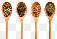 PNG  Top view of four old spoons with spices and herbs food white background ingredient.