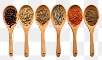 PNG  Top view of four old spoons with spices and herbs food white background arrangement.