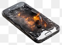 PNG Mobile phone with burnt white background destruction electronics.