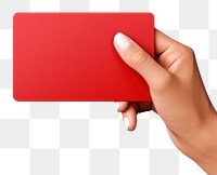 PNG Hand holding red card hand text white background.