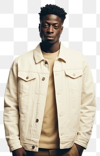 PNG Cream denim jacket mockup portrait fashion photo.