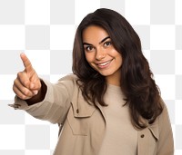 PNG Young Argentinian woman pointing finger over smile adult hand. 