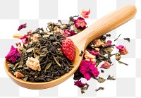 PNG Mix of green tea with strawberry and hibiscus flowers plant herbs spoon