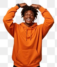 PNG Young black man in sweatshirt with his arm up over his back head laughing happy triumphant. AI generated Image by rawpixel.