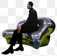 PNG  Surrealistic painting of black Man sit sofa furniture footwear sitting.