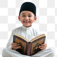 PNG  Asian Muslim boy sitting and reading Quran smiling child white background
