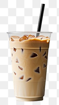 PNG A plastic disposable ice latte coffee glass with straw and blank white label smoothie drink milk.